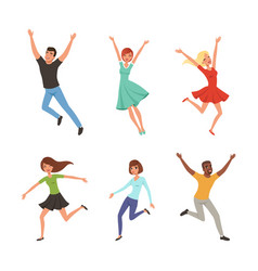 Happy People Character Jumping With Raised Hands