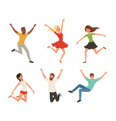 Happy People Character Jumping With Raised Hands