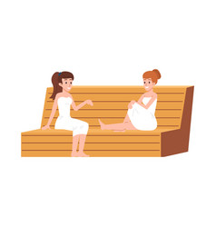 Happy Women In Towels Sitting On Sauna Wooden