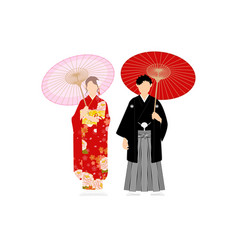 Kimono-clad Men And Women Holding Parasols