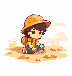 Cute Little Explorer Boy Sitting On The Ground