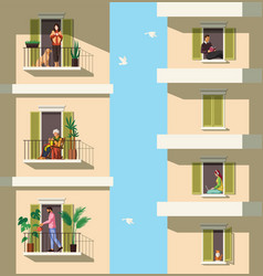 Neighbors On Balconies People Rest With Pets