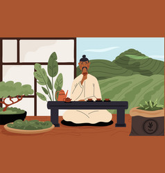 Tea Ceremony Process Asian Man With Hot Beverage