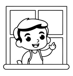 Cute Boy Looking Through The Window Flat Cartoon