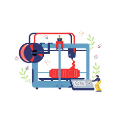 3d Printer With Technician Staff Characters Flat