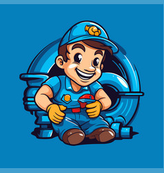 Cartoon Plumber With Pipe Isolated On Blue