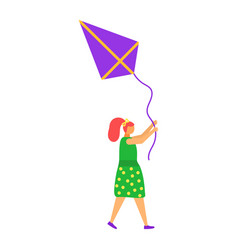 Young Woman Red Hair Flying Purple Kite Outdoors