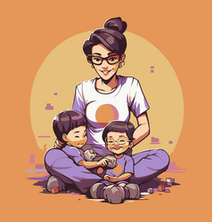 Mother And Children Playing Together In Cartoon