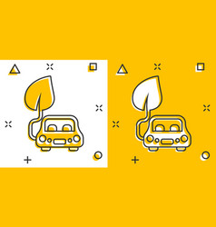 Eco Car Icon In Comic Style Leaf And Auto Cartoon