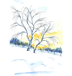 Watercolor Painted Tree Near Sunset