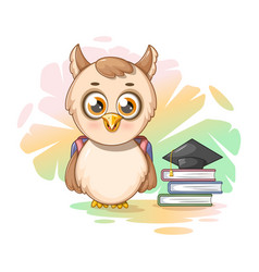 Smart Cartoon Owl With Books And A School Bag