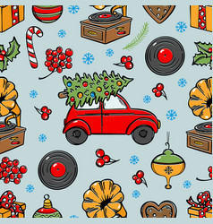 Christmas Retro Car Delivering Tree Seamless