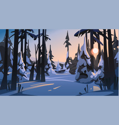 Winter Pine Forest Landscape At Sunset