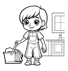 Cute Little Boy Cleaning The House Black And White