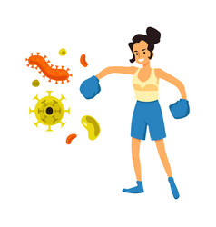 Woman In Boxing Gloves Fighting Viruses Cartoon