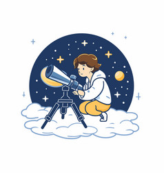 Boy Looking Through A Telescope In The Night Sky