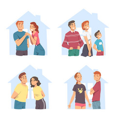 Happy Family Couples Inside Outline House Set