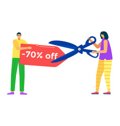 Man Woman Holding Giant Scissors Cutting Coupon 70