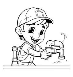 Black And White Cartoon Of Little Boy Plumber