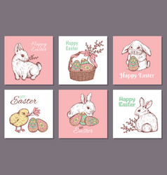 Cute Easter Rabbit Posters Set Hand Drawn Sketch