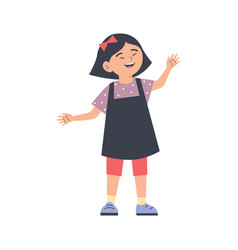 Cute Asian Girl In Overalls Waving Hello Cartoon