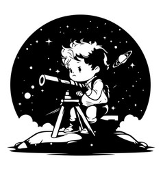 Cute Little Boy Looking Through Telescope In