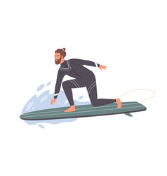 Hipster Male Surfer In Wetsuit Standing One Knee