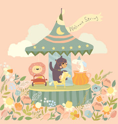 Cute Cartoon Animals On A Merry Go Round