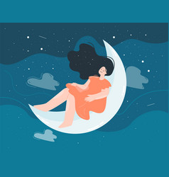 Smiling Woman In Calm Sleep On Moon In Night Sky