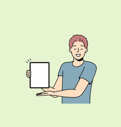 Smiling Man Show Mockup Screen On Tablet