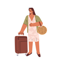 Happy Woman Standing With Suitcase Flat Style