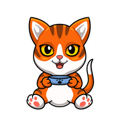 Cute Orange Tabby Cat Cartoon Holding Food Bowl