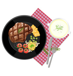 Top View Food Set Steak And Placemat On White