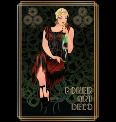 Clubs Casino Poker Card With Woman Art Deco Style