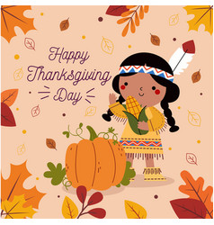 Flat Thanksgiving Background With Indian Girl