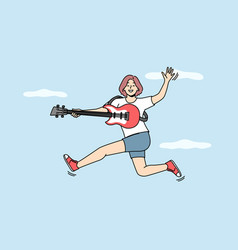 Smiling Woman Jump Playing On Guitar