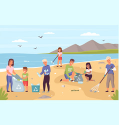 Collect Beach Garbage Parents With Children Clean