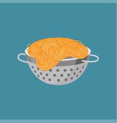 Spaghetti In Colander Isolated On Blue Background