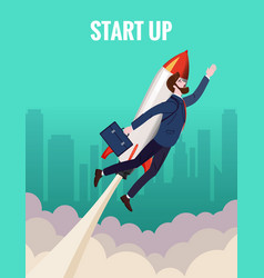 Businessman On A Rocket Fly Through Sky Start Up