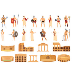 Amphitheater Icons Set Cartoon Italy Arena