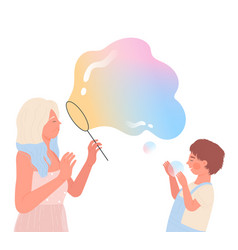 Mother And Kid Play Blow Soap Bubble On Foam