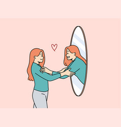 Woman Hugs Own Reflection In Mirror Demonstrating