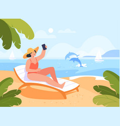 Young Cartoon Woman Sunbathing And Taking Selfie