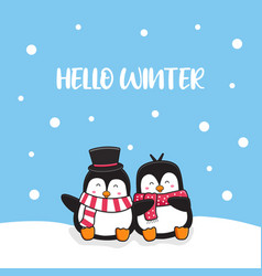 Cute Penguin Couple Greeting Hello Winter Cartoon