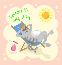 Relaxing Cartoon Cat On Sun Lounger On Sunny Beach