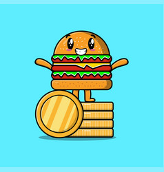 Cute Cartoon Burger Standing In Stacked Gold Coin