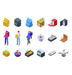 Parcel Backpack Icons Set Isometric Food