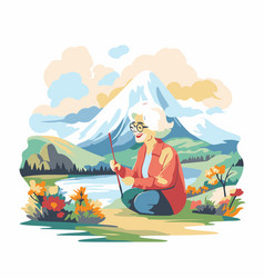 A Senior Woman Sitting On The Bank Of Mountain