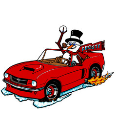 Cartoon Snowman Driving A Red Sports Car