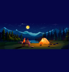 Couple Sitting Near Tent Camping Area Night